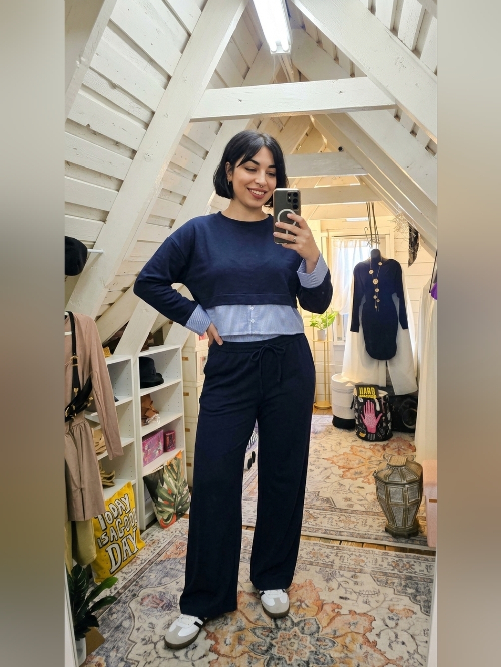 Active USA Navy Knit 2-Piece Set - Layered Look Crop Top & Wide Leg Pants